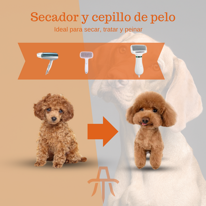 Cepillo secador y quita pelos para mascotas, 2 en 1